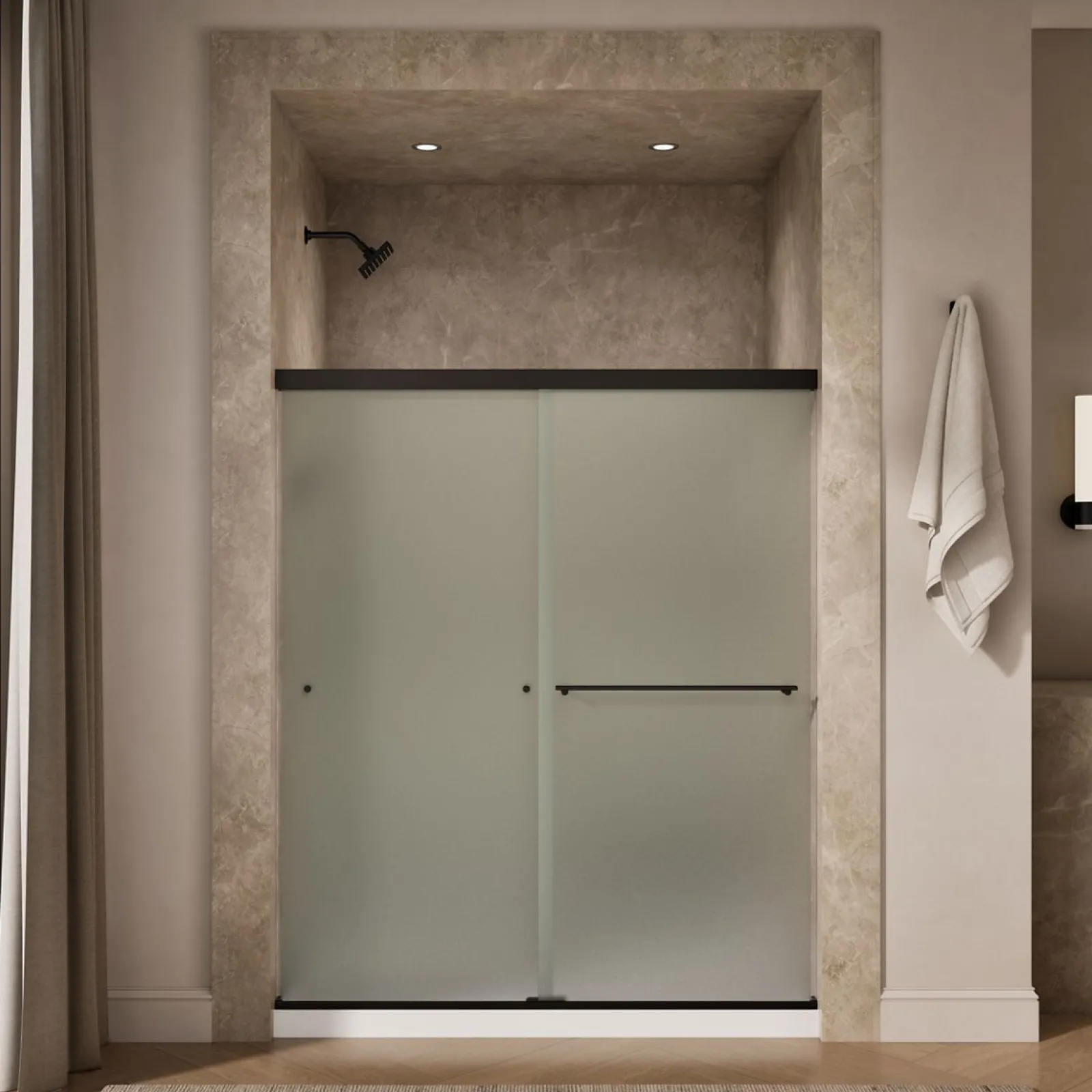 55-5/8"-59-5/8" W x 70" H bypass shower door with 1/4"-thick Frosted glass^Kohler New