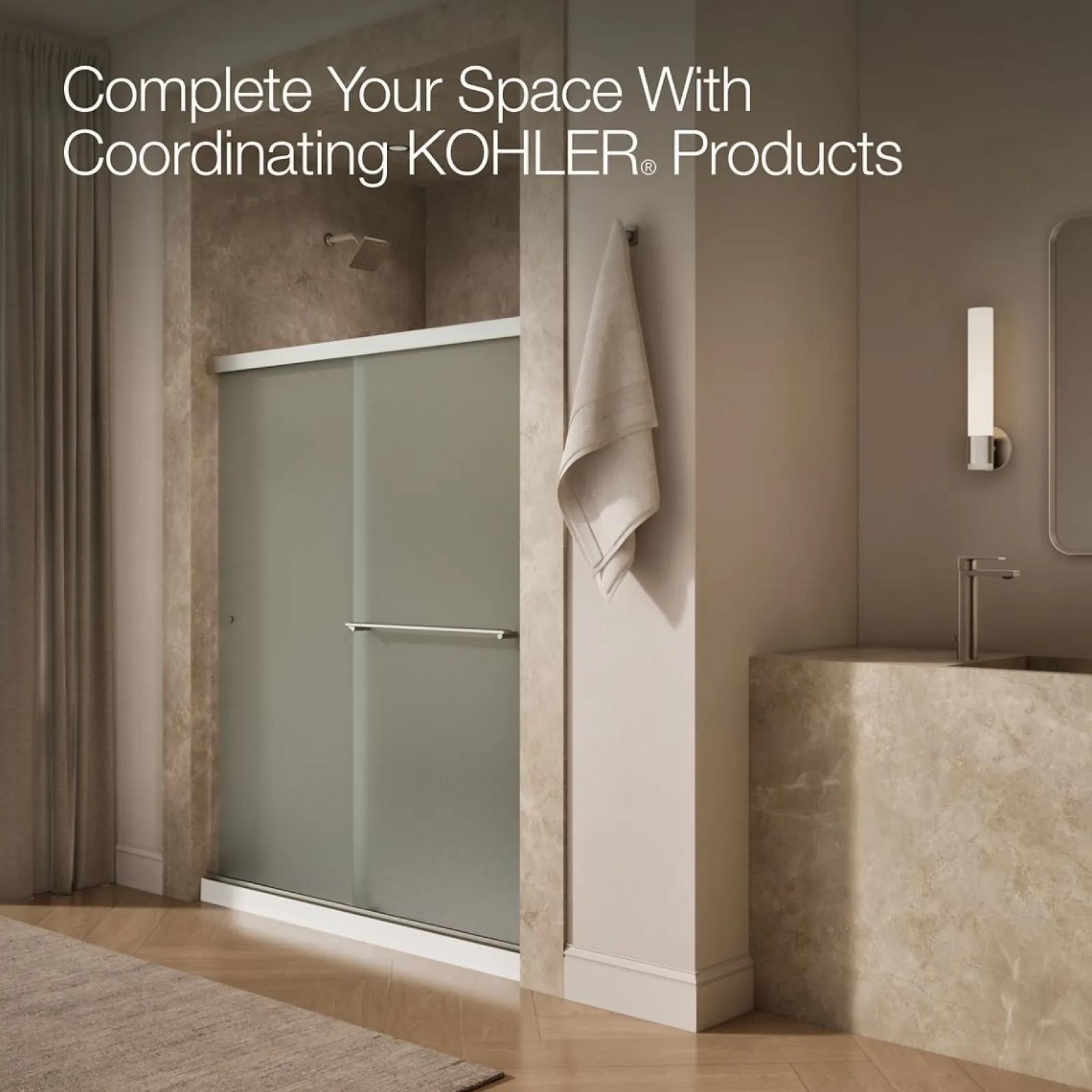 55-5/8"-59-5/8" W x 70" H bypass shower door with 1/4"-thick Frosted glass^Kohler New