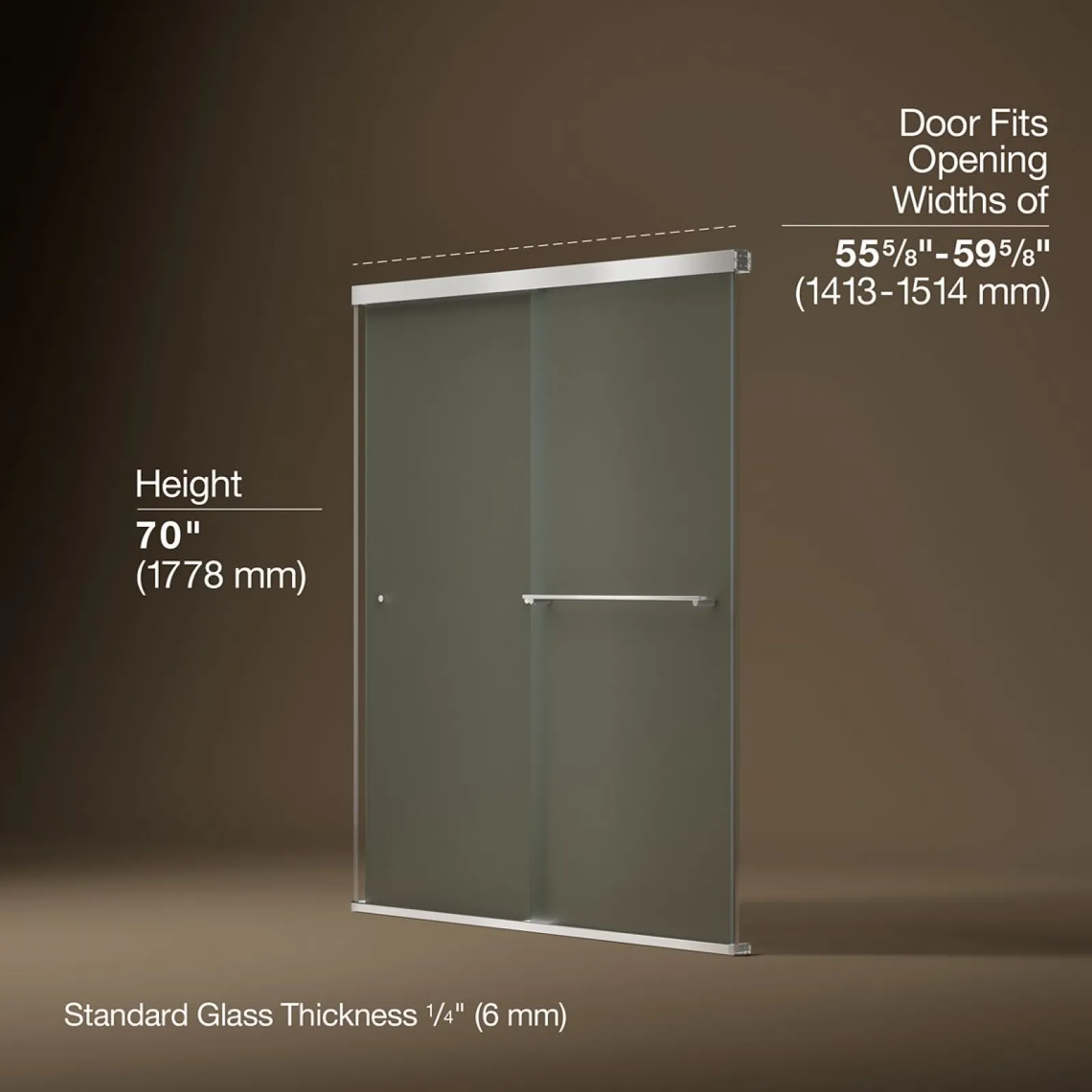 55-5/8"-59-5/8" W x 70" H bypass shower door with 1/4"-thick Frosted glass^Kohler New