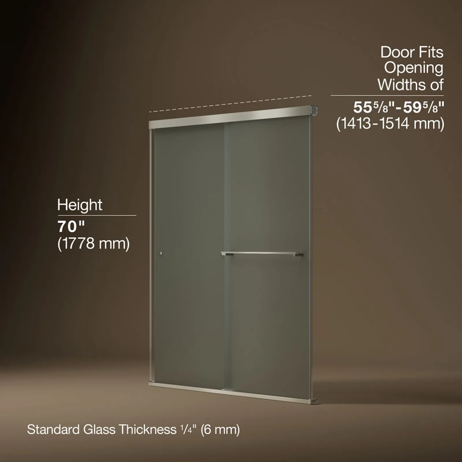 55-5/8"-59-5/8" W x 70" H bypass shower door with 1/4"-thick Frosted glass^Kohler New