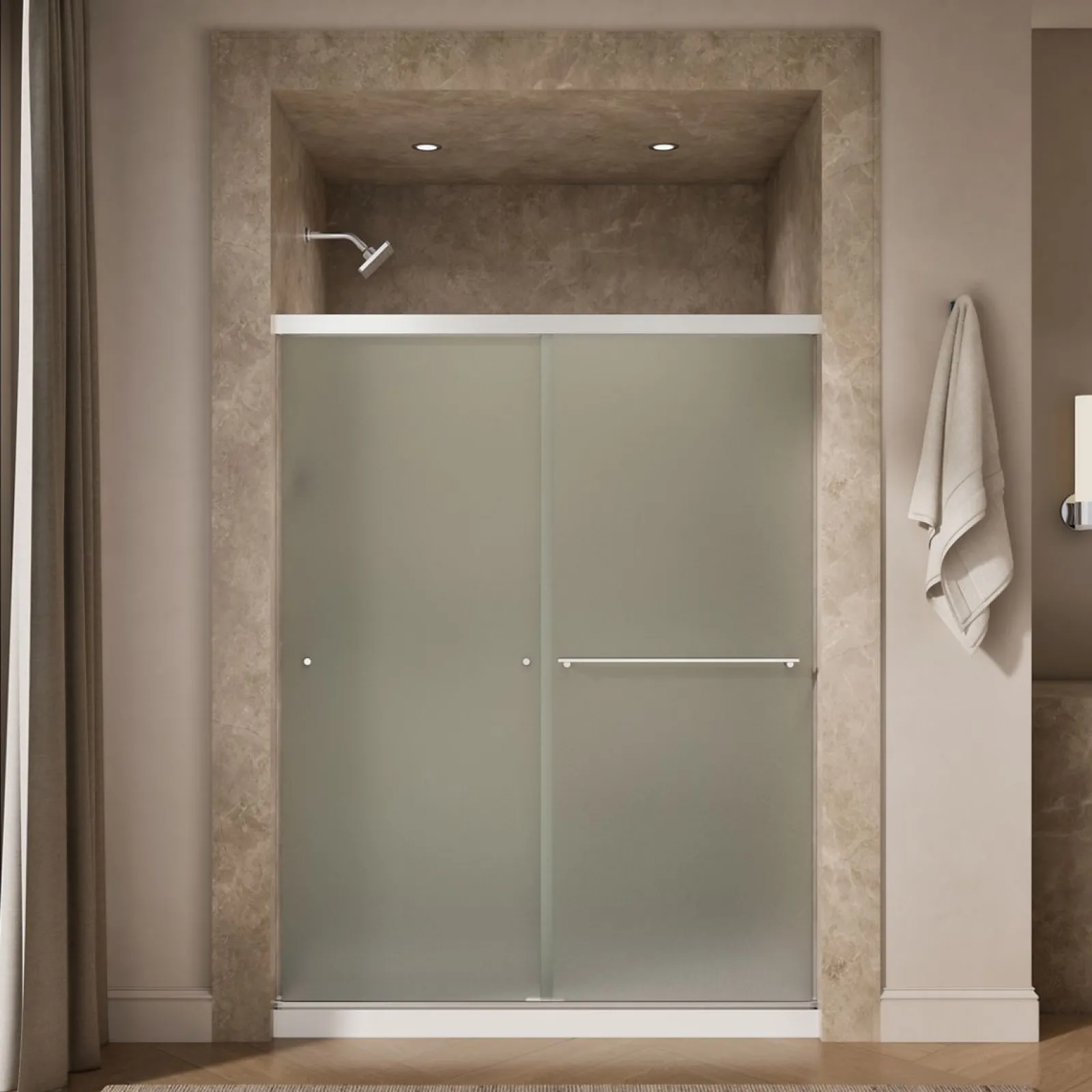 55-5/8"-59-5/8" W x 76" H bypass shower door with 5/16"-thick Frosted glass^Kohler Outlet
