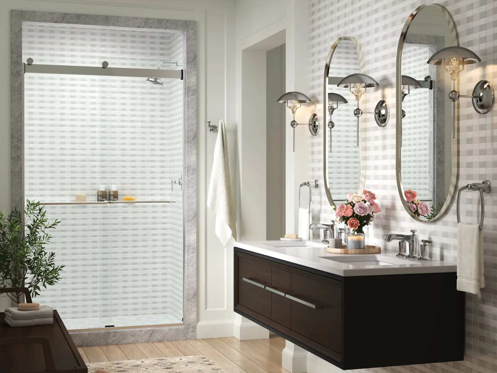 44-5/8"-47-5/8" W x 77.53" H bypass shower door with 5/16"-thick Crystal Clear glass^Kohler Hot