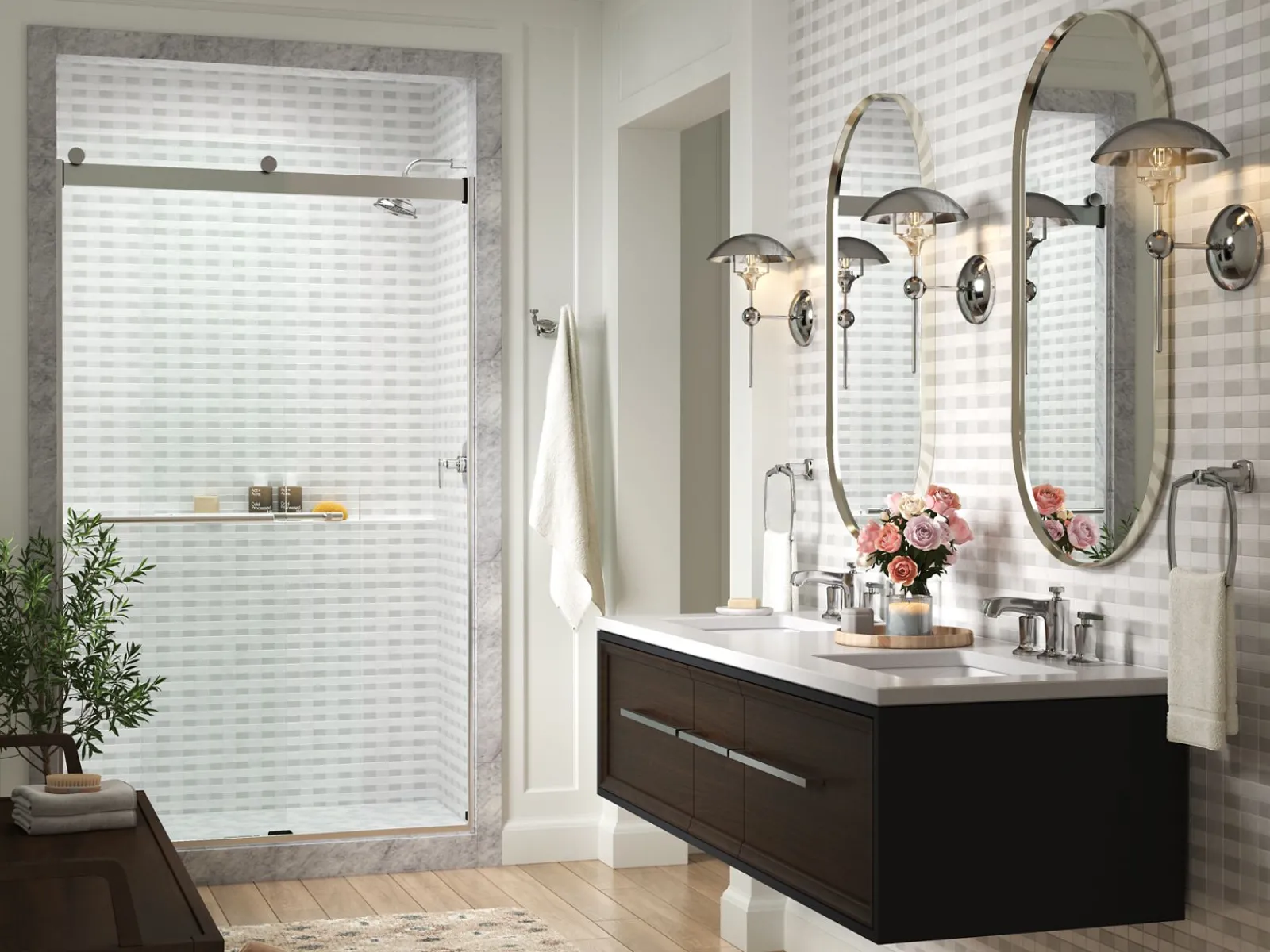 44-5/8"-47-5/8" W x 77.53" H bypass shower door with 5/16"-thick Crystal Clear glass^Kohler Hot