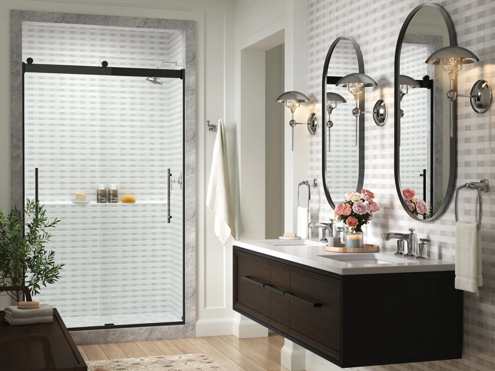 44-5/8"-47-5/8" W x 77.53" H bypass shower door with 5/16"-thick Crystal Clear glass^Kohler Discount
