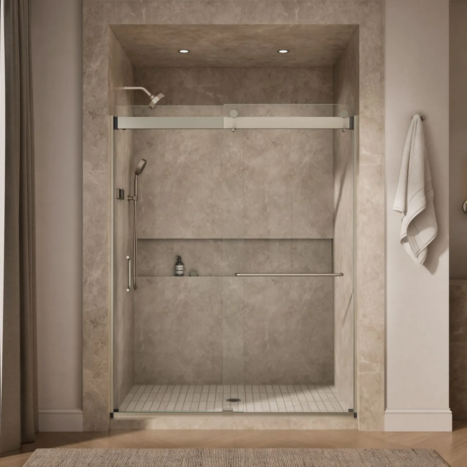 60"-66" W x 80-1/4" H bypass shower door with 3/8"-thick Crystal Clear glass^Kohler New