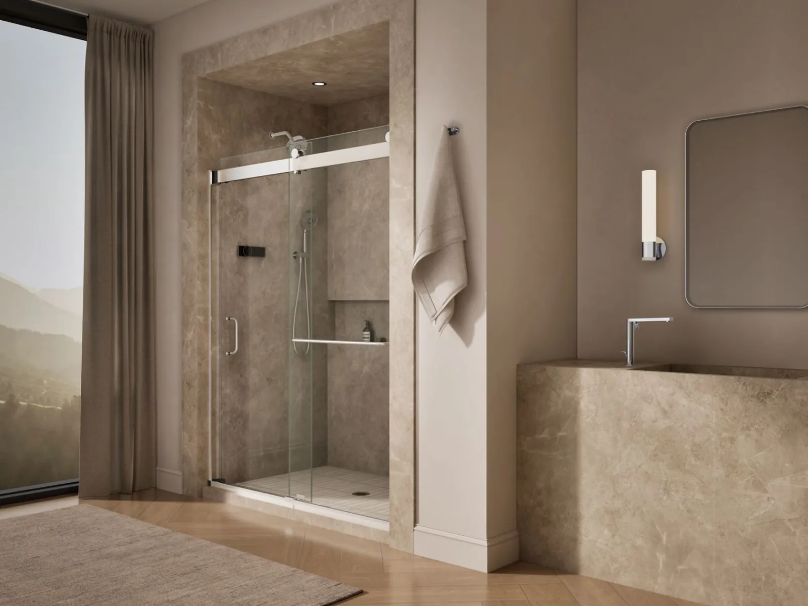 60"-66" W x 80-1/4" H bypass shower door with 3/8"-thick Crystal Clear glass^Kohler New