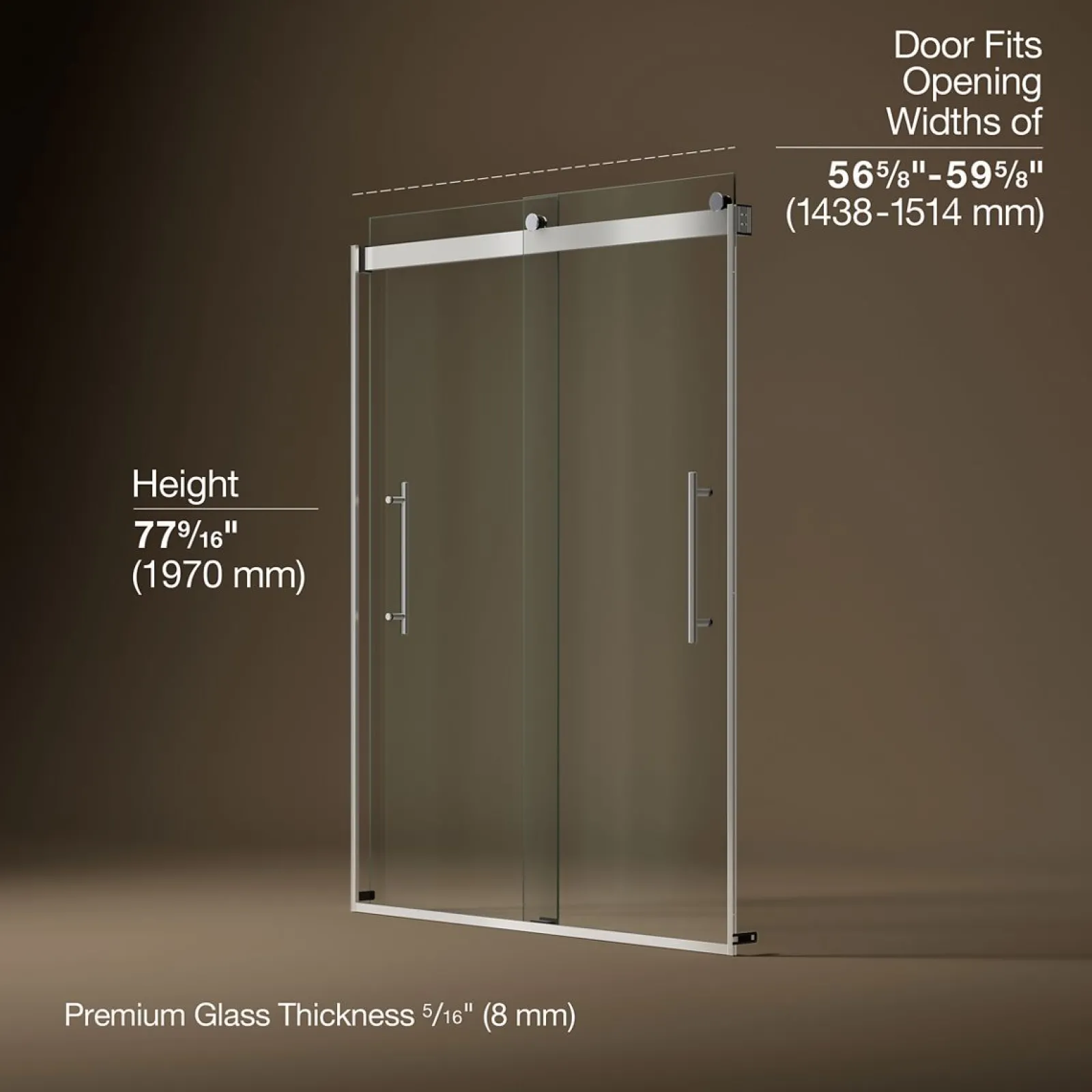 56-5/8"-59-5/8" W x 77.53" H bypass shower door with 5/16"-thick Crystal Clear glass^Kohler Sale