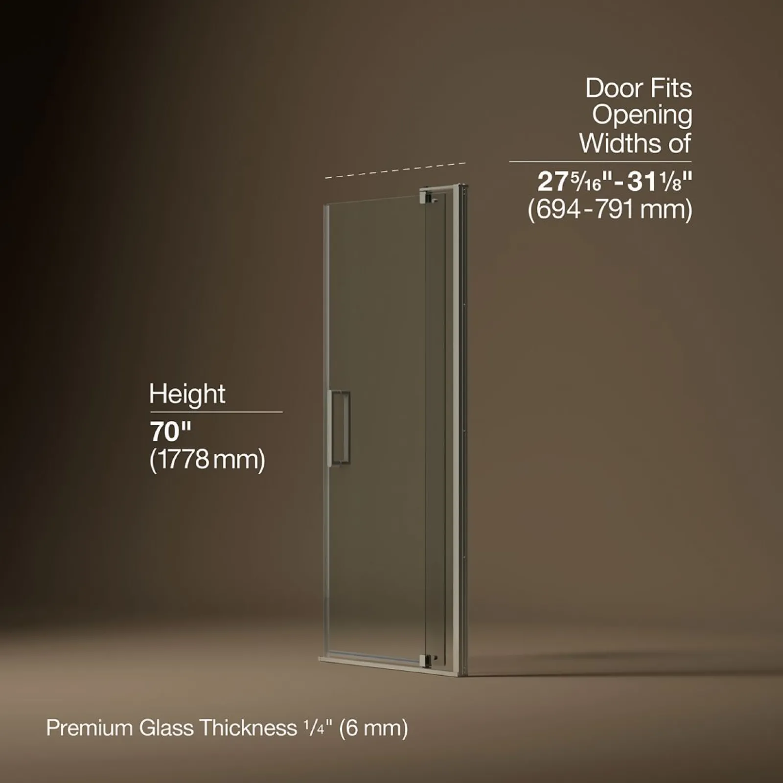 27-5/16"-31-1/8" W x 70" H pivot shower door with 1/4"-thick Crystal Clear glass^Kohler Hot