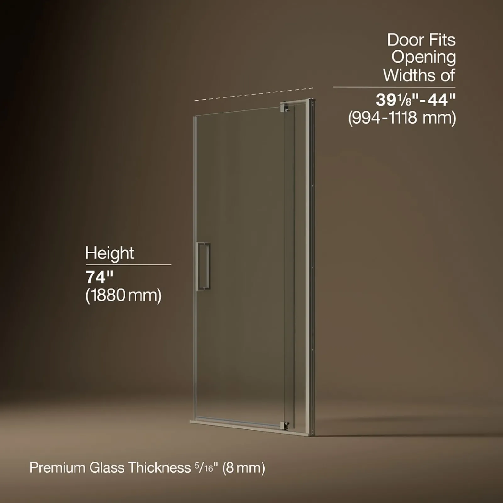 39-1/8"-44" W x 74" H pivot shower door with 5/16"-thick Crystal Clear glass^Kohler Clearance