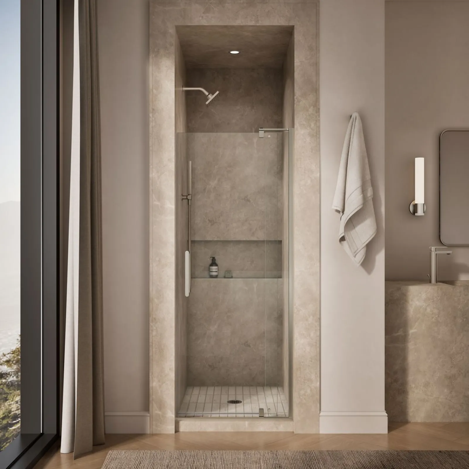 27-5/16"-31-1/8" W x 74" H pivot shower door with 5/16"-thick Crystal Clear glass^Kohler Best