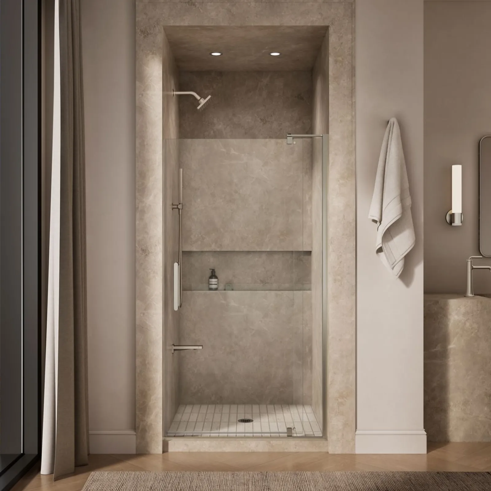 35-1/8"-40" W x 74" H pivot shower door with 5/16"-thick Crystal Clear glass^Kohler Best