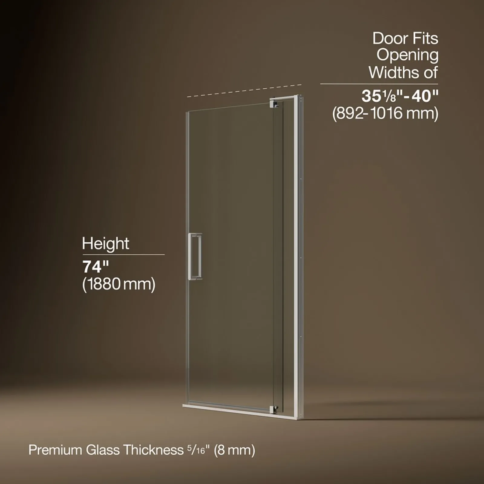 35-1/8"-40" W x 74" H pivot shower door with 5/16"-thick Crystal Clear glass^Kohler Best