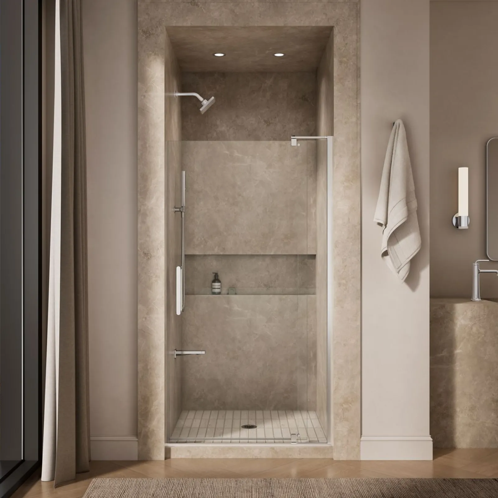 35-1/8"-40" W x 74" H pivot shower door with 5/16"-thick Crystal Clear glass^Kohler Best