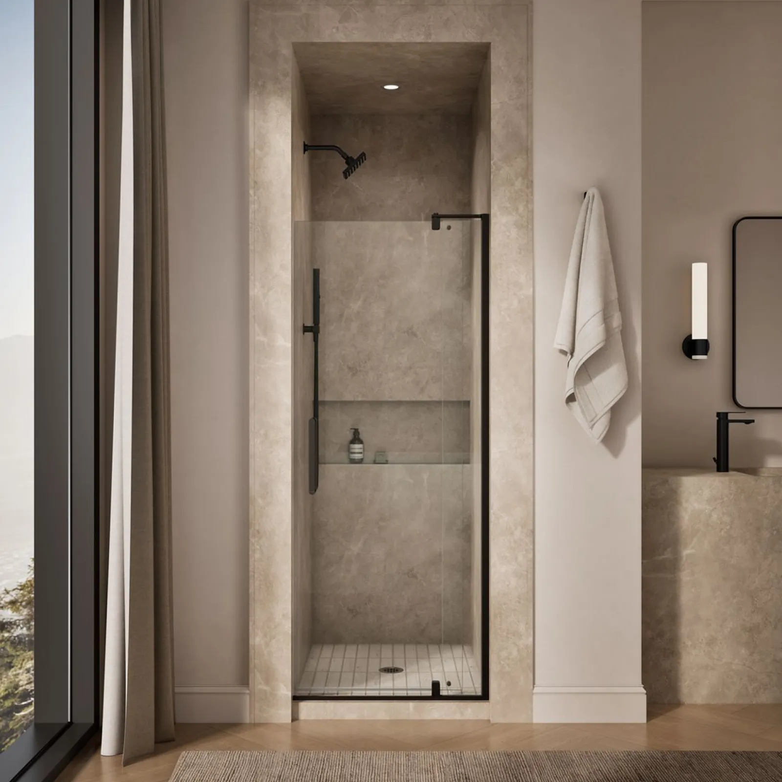 31-1/8"-36" W x 74" H pivot shower door with 5/16"-thick Crystal Clear glass^Kohler New