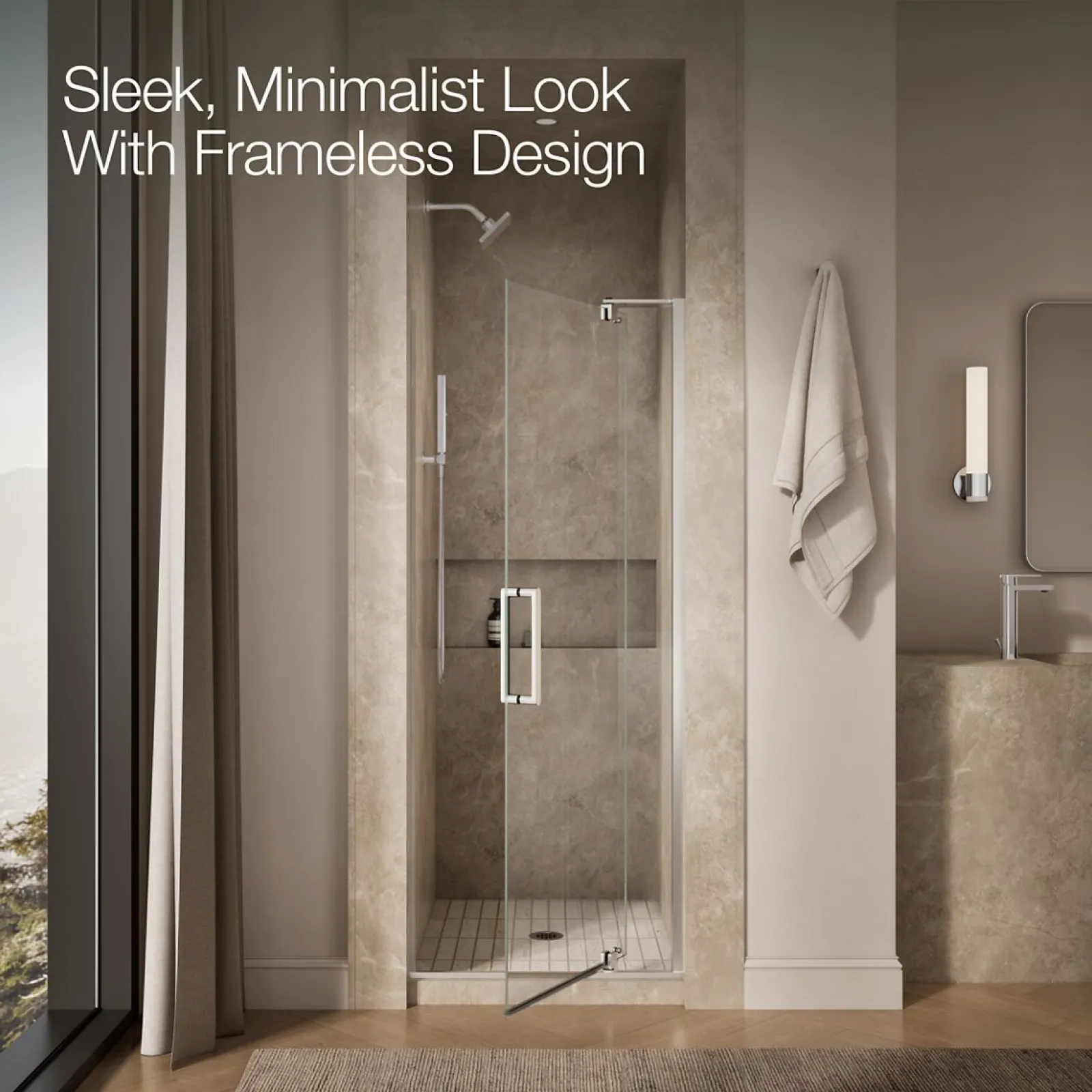 31-1/8"-36" W x 74" H pivot shower door with 5/16"-thick Crystal Clear glass^Kohler New