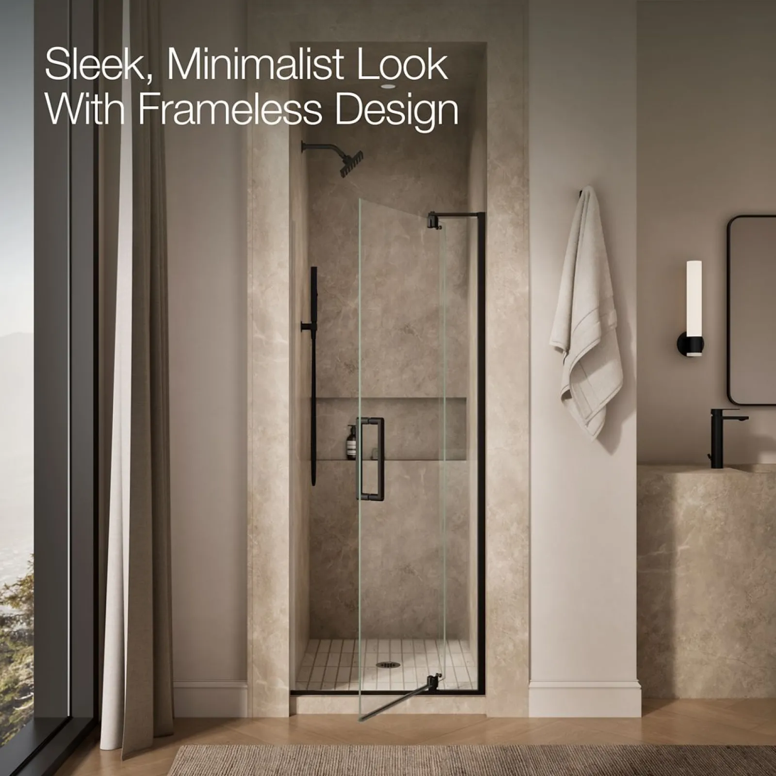 31-1/8"-36" W x 74" H pivot shower door with 5/16"-thick Crystal Clear glass^Kohler New