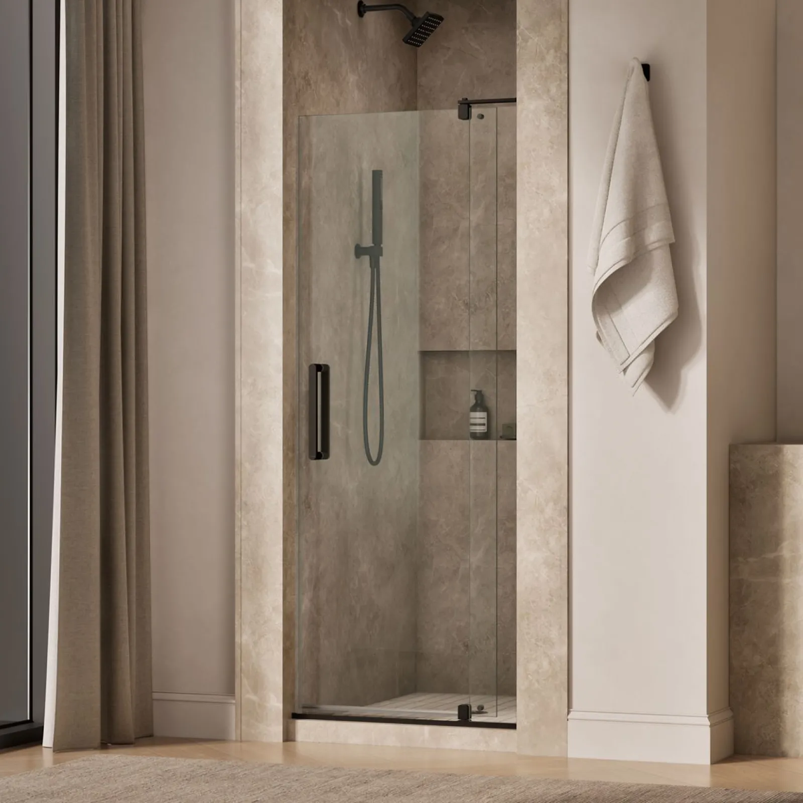 31-1/8"-36" W x 74" H pivot shower door with 5/16"-thick Crystal Clear glass^Kohler New