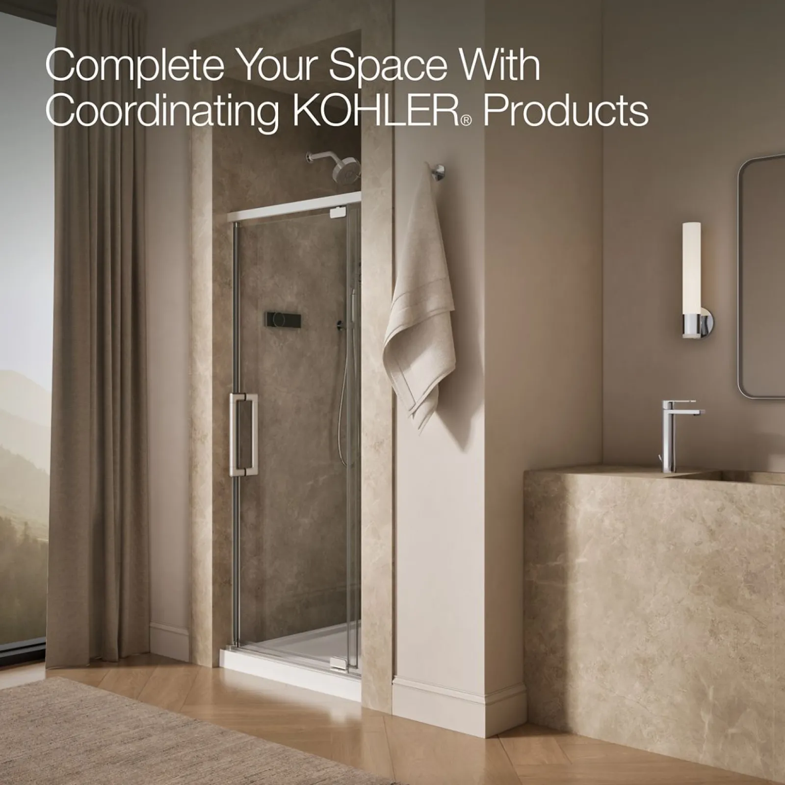 32"-36" W x 76" H pivot shower door with 5/16"-thick Crystal Clear glass^Kohler Hot