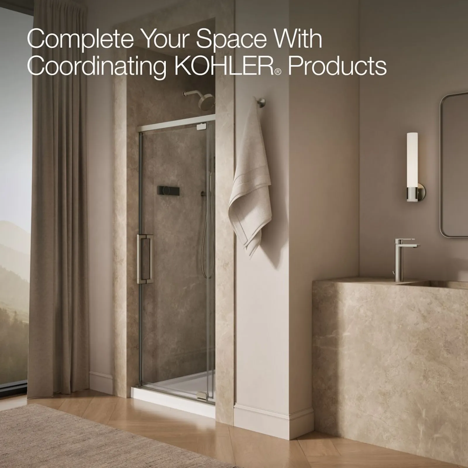 32"-36" W x 76" H pivot shower door with 5/16"-thick Crystal Clear glass^Kohler Hot