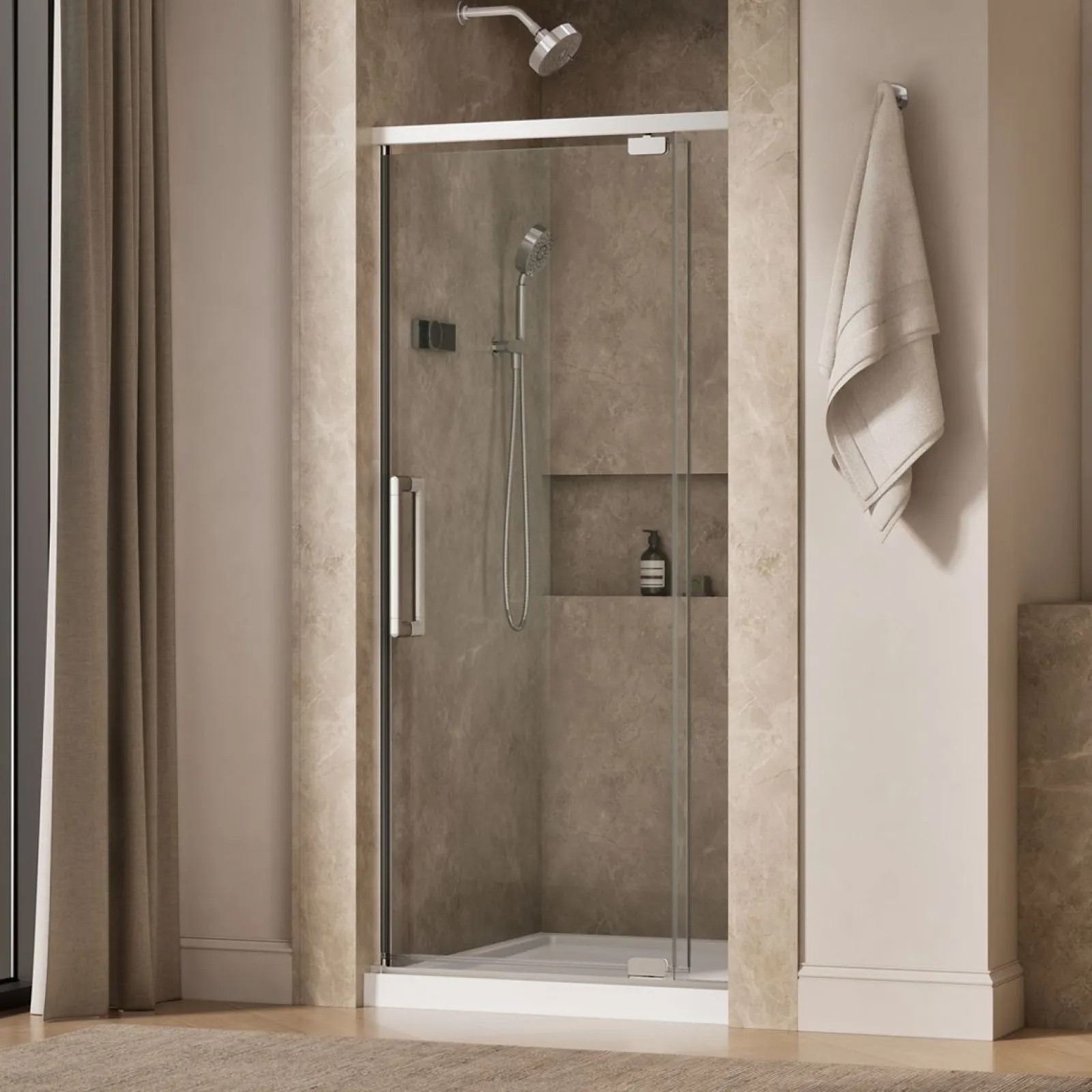 32"-36" W x 76" H pivot shower door with 5/16"-thick Crystal Clear glass^Kohler Hot