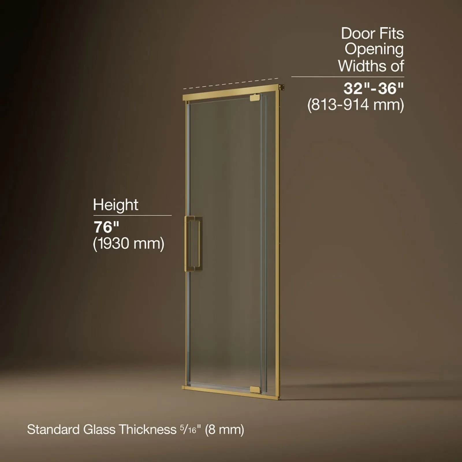 32"-36" W x 76" H pivot shower door with 5/16"-thick Crystal Clear glass^Kohler Hot