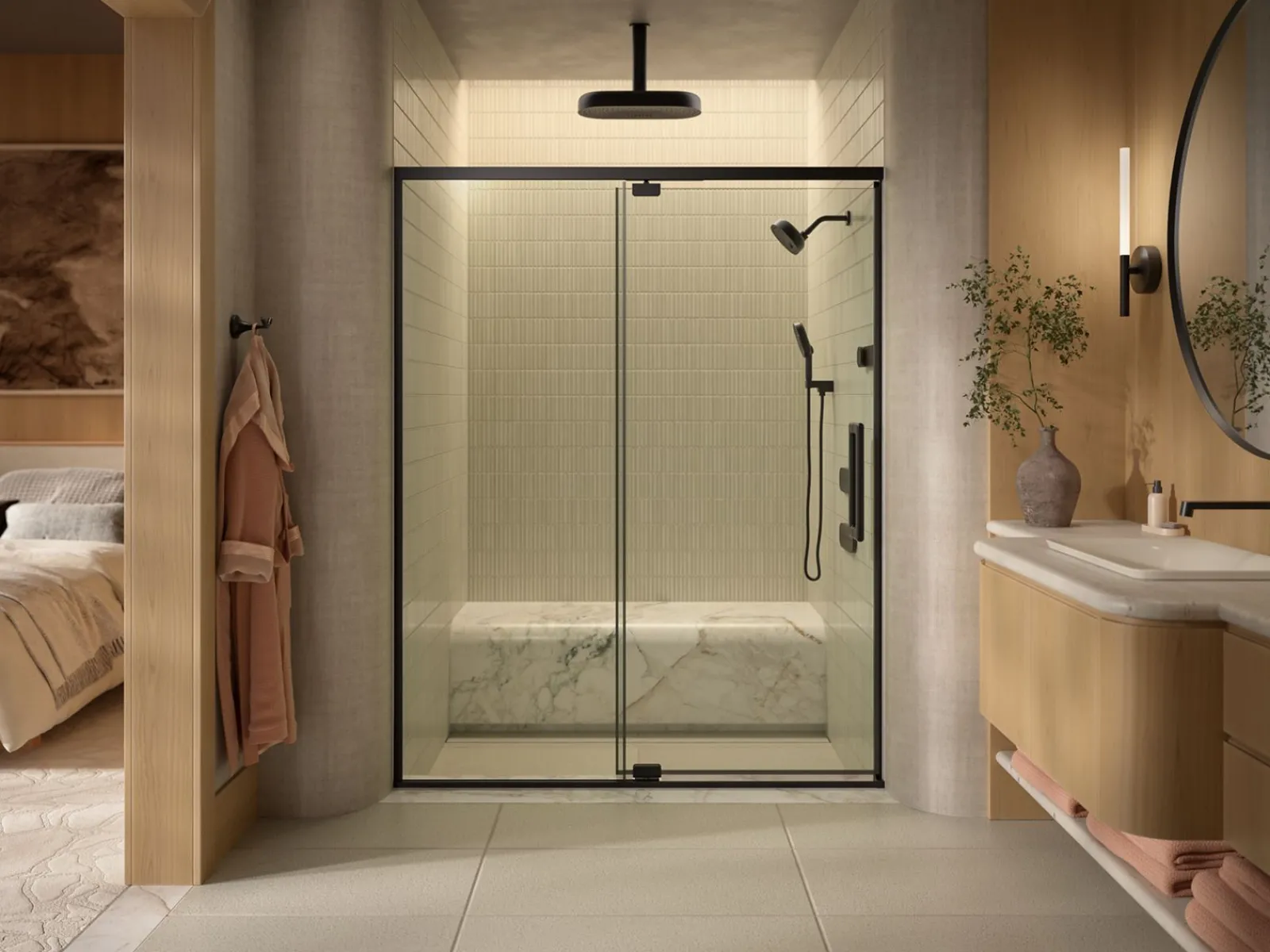 54"-60" W x 76" H pivot shower door with 5/16"-thick Crystal Clear glass^Kohler Outlet