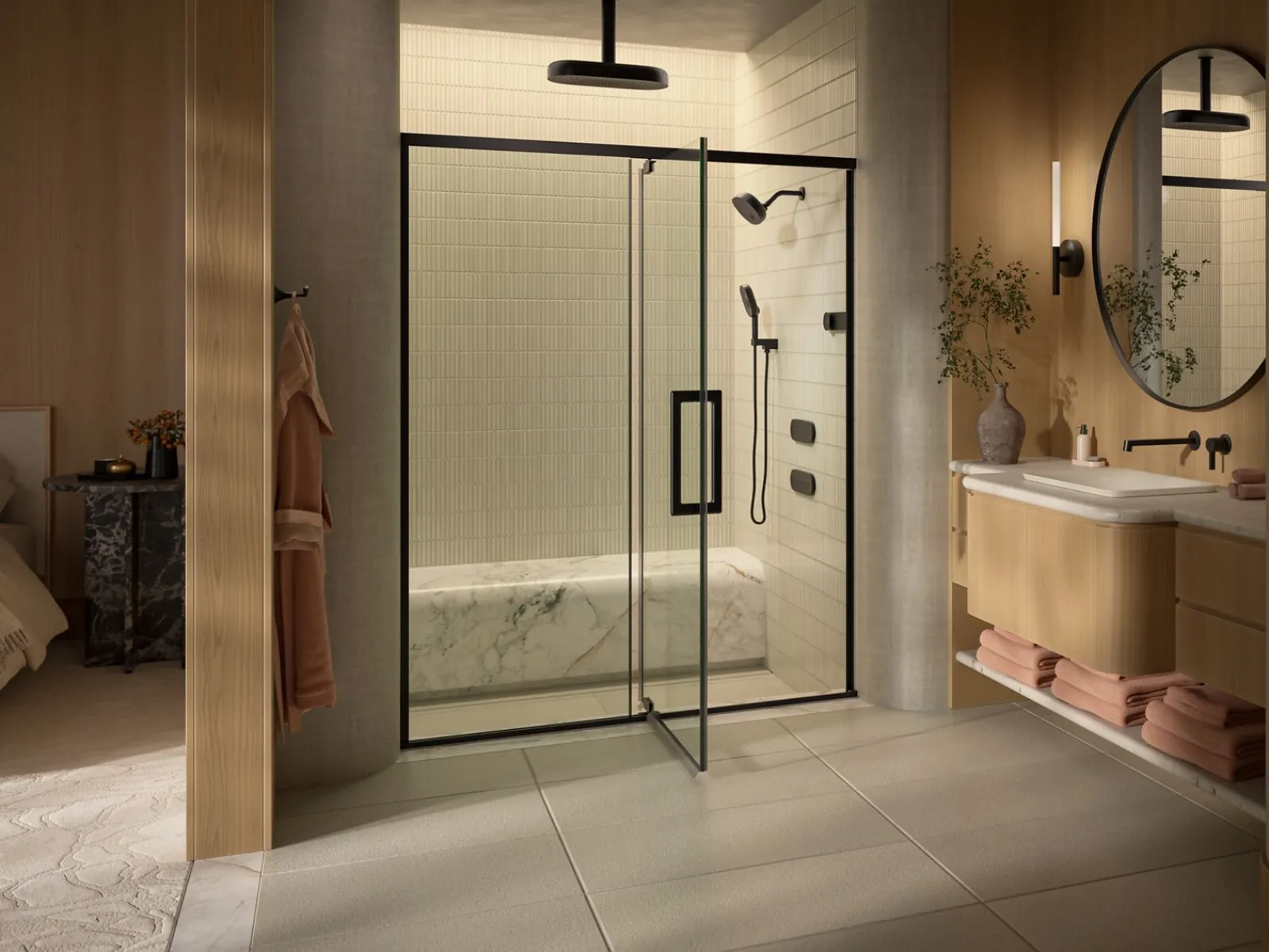 54"-60" W x 76" H pivot shower door with 5/16"-thick Crystal Clear glass^Kohler Outlet