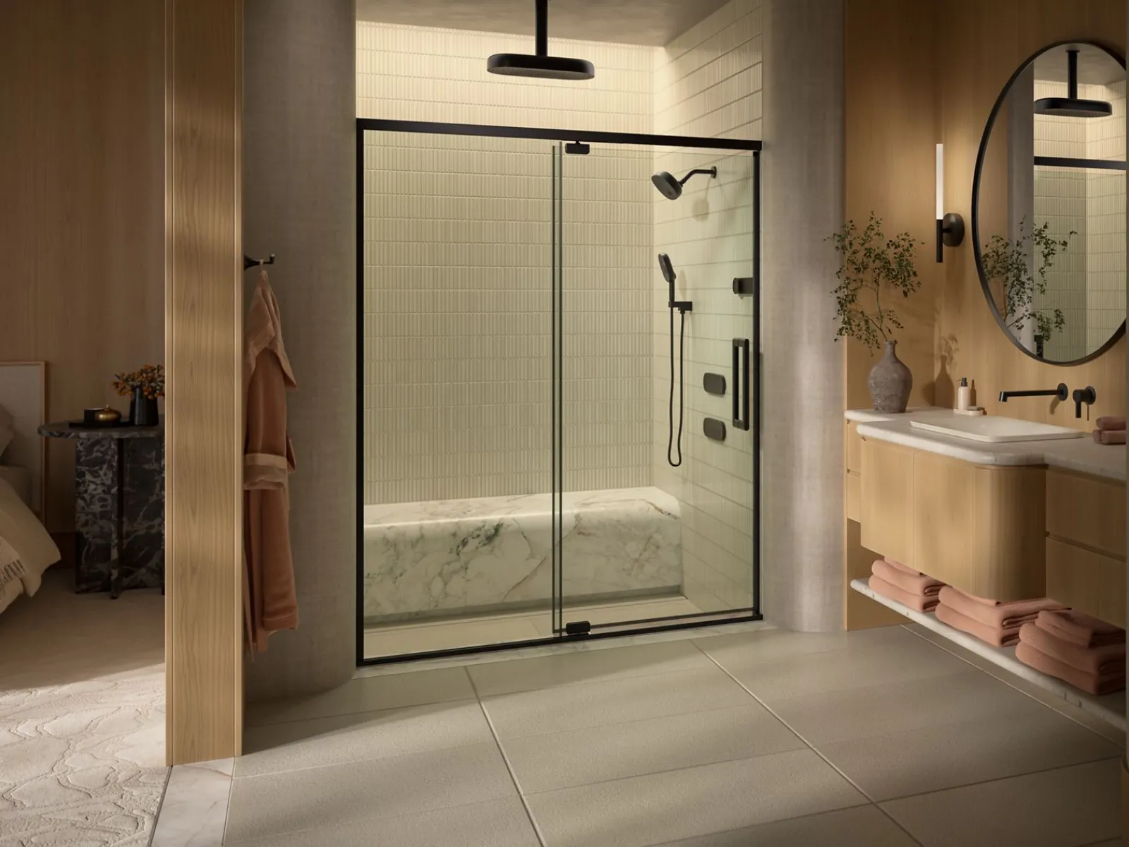 54"-60" W x 76" H pivot shower door with 5/16"-thick Crystal Clear glass^Kohler Outlet