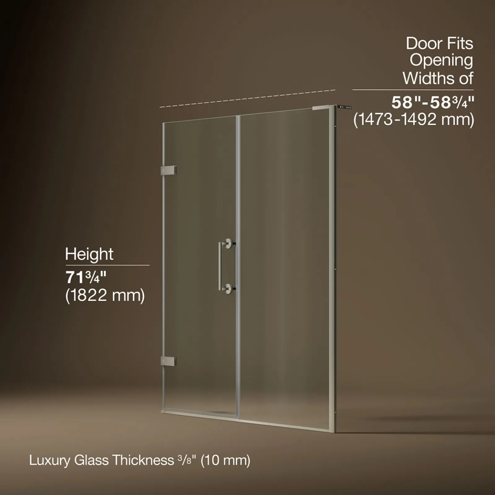 58"-58-3/4" W x 71-3/4" H pivot shower door with 3/8"-thick Crystal Clear glass^Kohler Hot