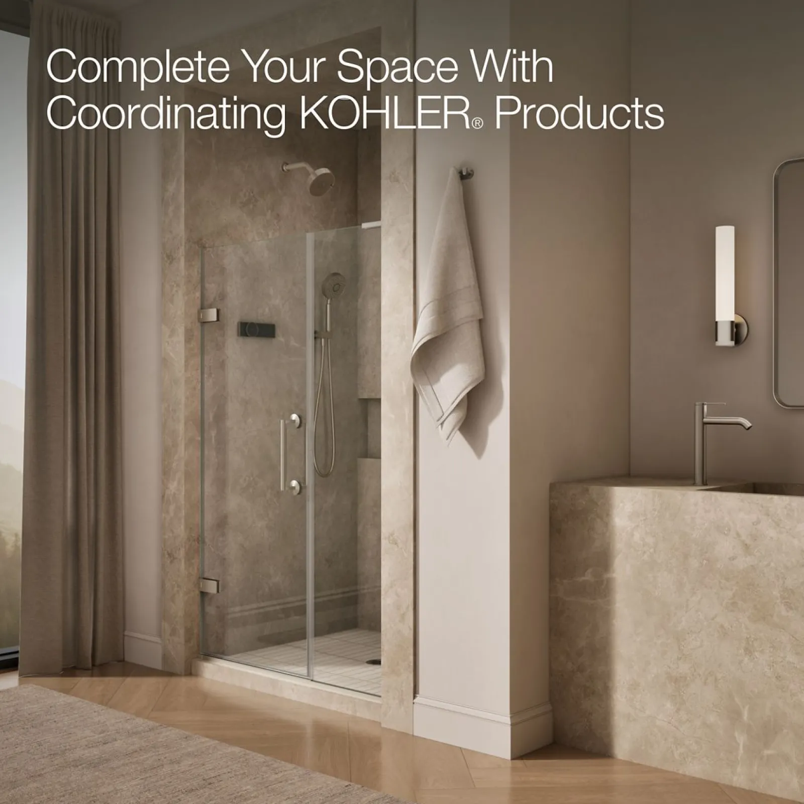 46"-46-3/4" W x 71-3/4" H pivot shower door with 3/8"-thick Crystal Clear glass^Kohler Hot