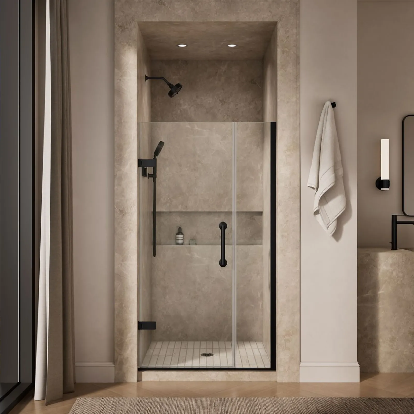 33-5/8"-34-3/8" W x 71-9/16" H pivot shower door with 3/8"-thick Crystal Clear glass^Kohler New
