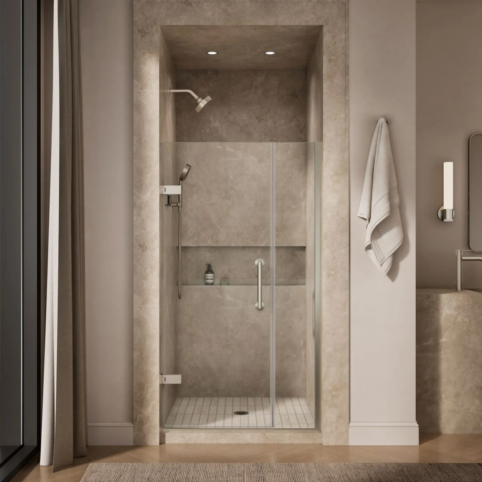 33-5/8"-34-3/8" W x 71-9/16" H pivot shower door with 3/8"-thick Crystal Clear glass^Kohler New