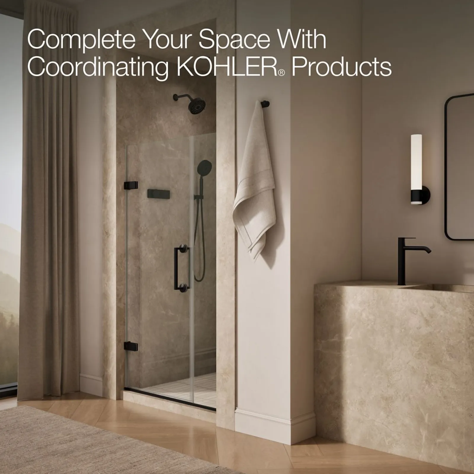 33-5/8"-34-3/8" W x 71-9/16" H pivot shower door with 3/8"-thick Crystal Clear glass^Kohler New