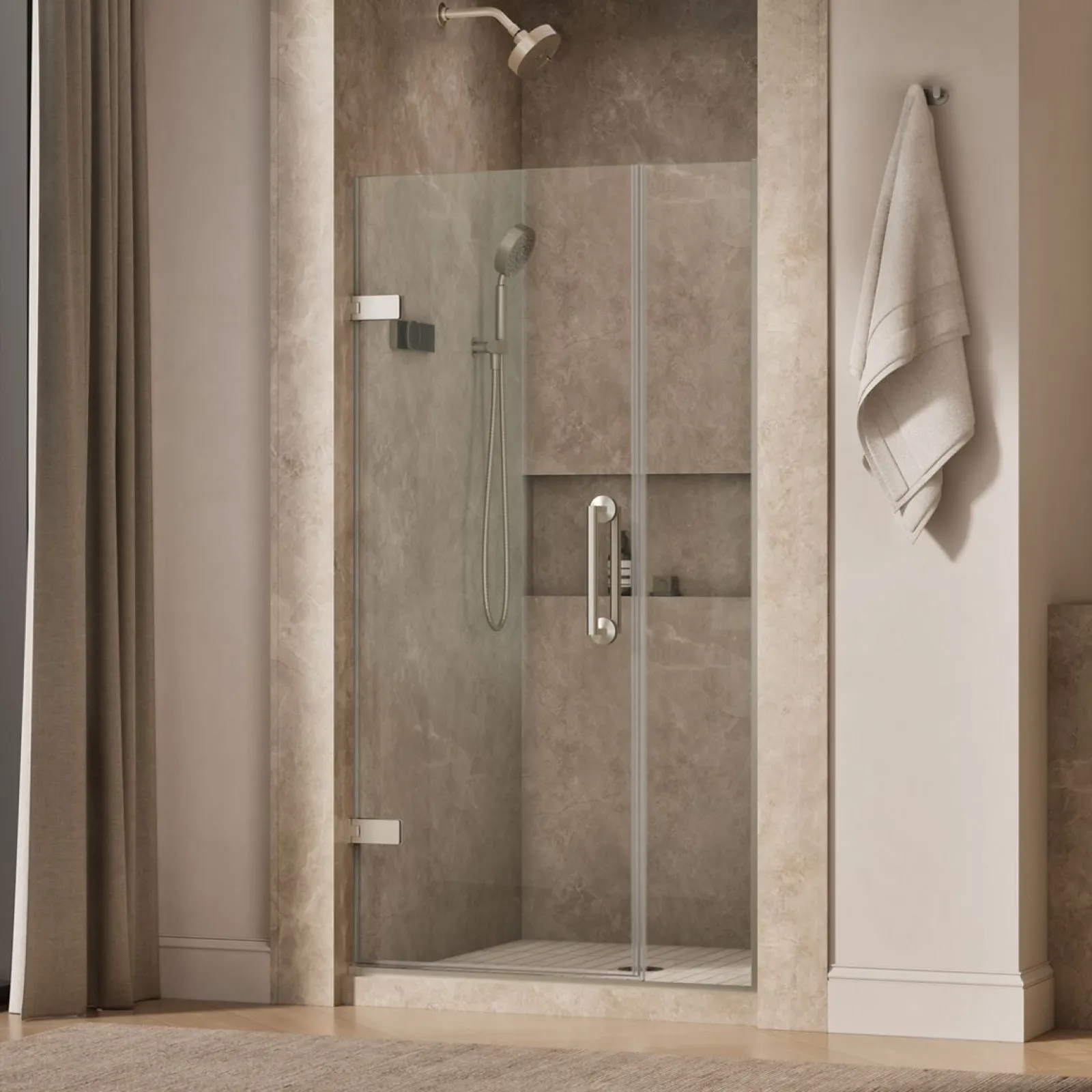 33-5/8"-34-3/8" W x 71-9/16" H pivot shower door with 3/8"-thick Crystal Clear glass^Kohler New