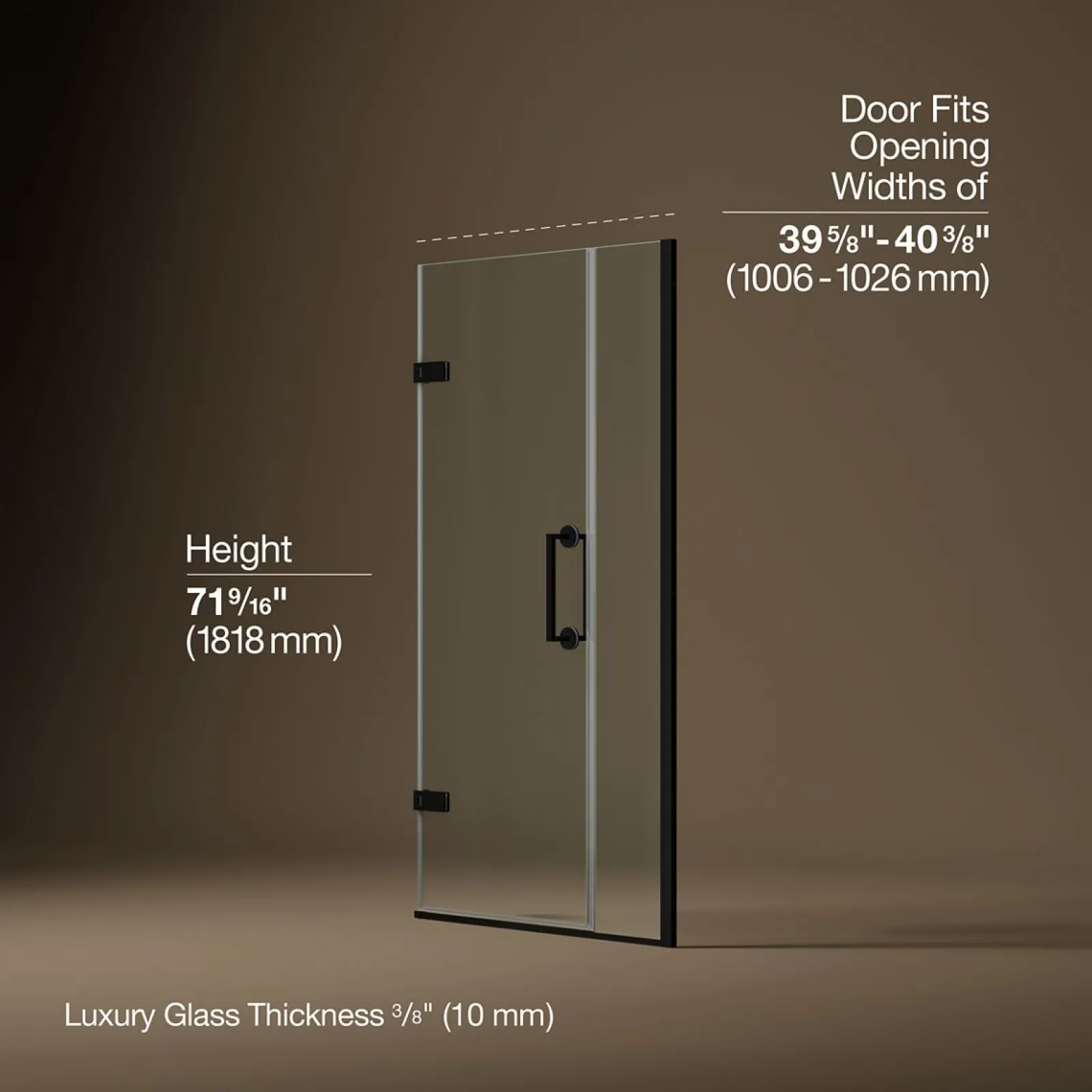 39-5/8"-40-3/8" W x 71-9/16" H pivot shower door with 3/8"-thick Crystal Clear glass^Kohler