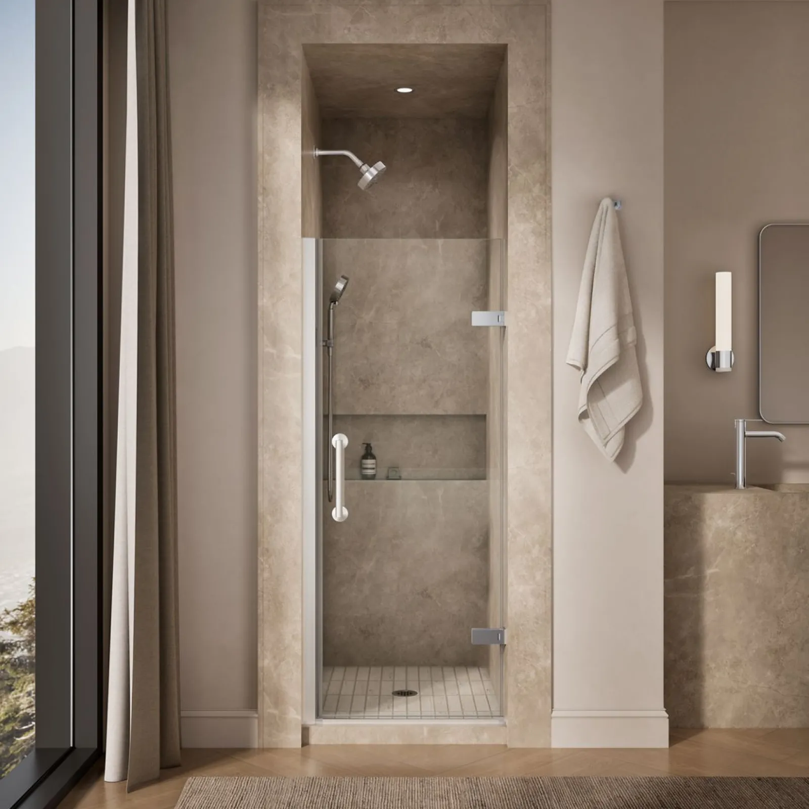 29-5/8"-30-3/8" W x 71-5/8" H pivot shower door with 3/8"-thick Crystal Clear glass^Kohler New