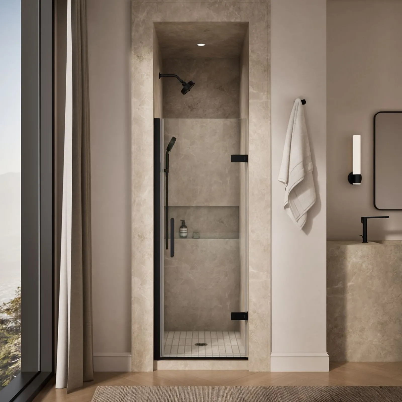 27-5/8"-28-3/8" W x 71-5/8" H pivot shower door with 3/8"-thick Crystal Clear glass^Kohler New