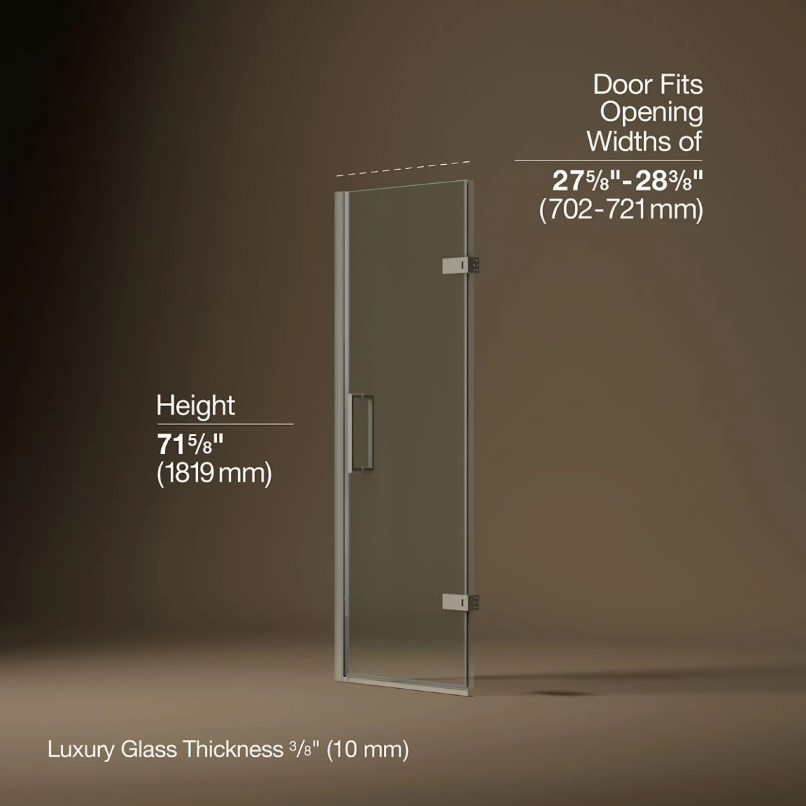 27-5/8"-28-3/8" W x 71-5/8" H pivot shower door with 3/8"-thick Crystal Clear glass^Kohler New