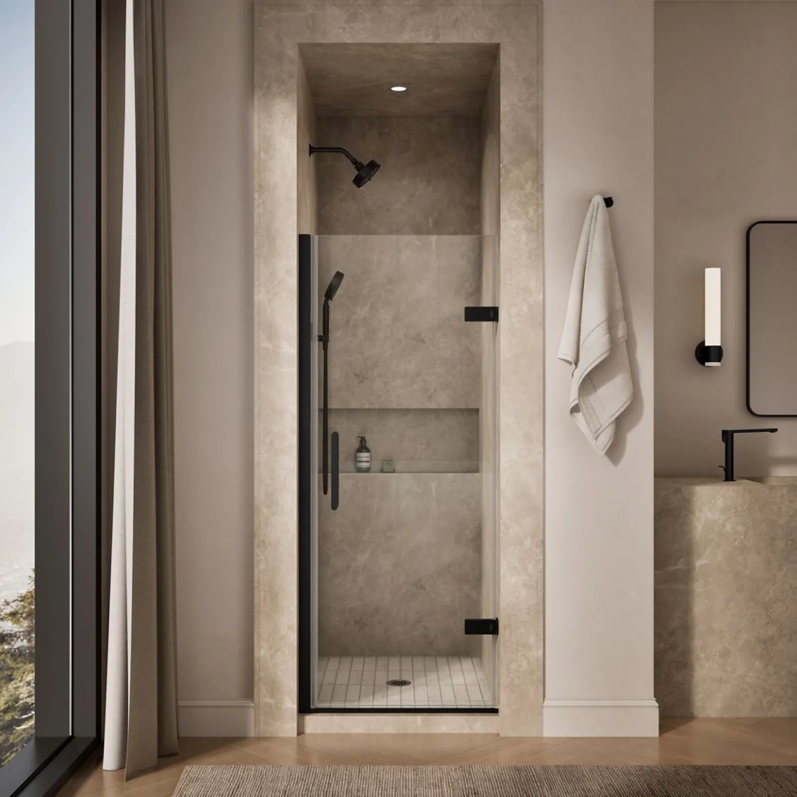 29-5/8"-30-3/8" W x 71-5/8" H pivot shower door with 3/8"-thick Crystal Clear glass^Kohler Hot