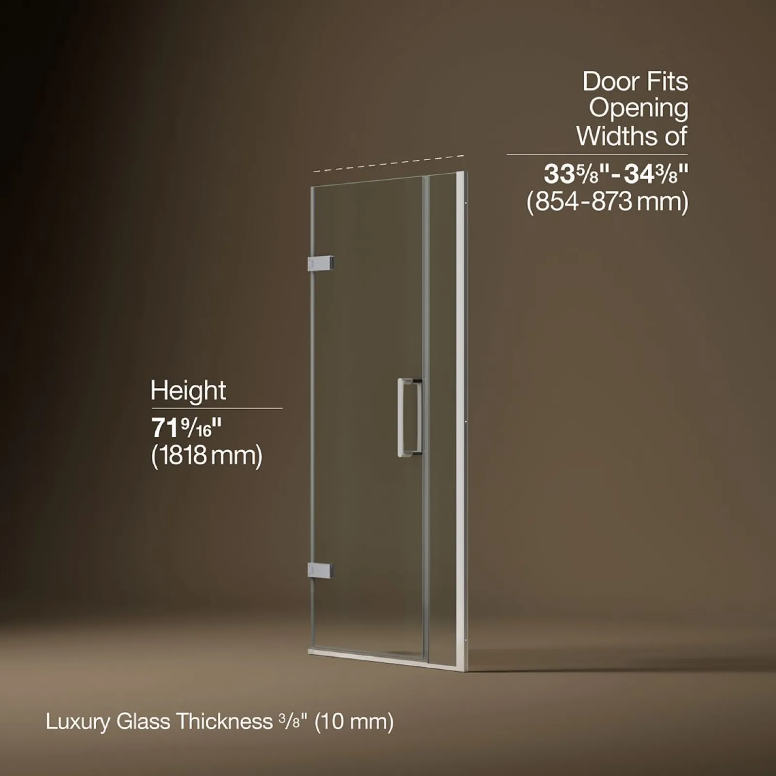 33-5/8"-34-3/8" W x 71-9/16" H pivot shower door with 3/8"-thick Crystal Clear glass^Kohler Clearance