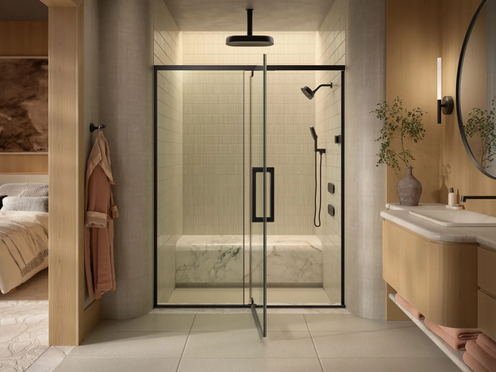 54"-60" W x 76" H pivot shower door with 5/16"-thick Crystal Clear glass^Kohler Discount