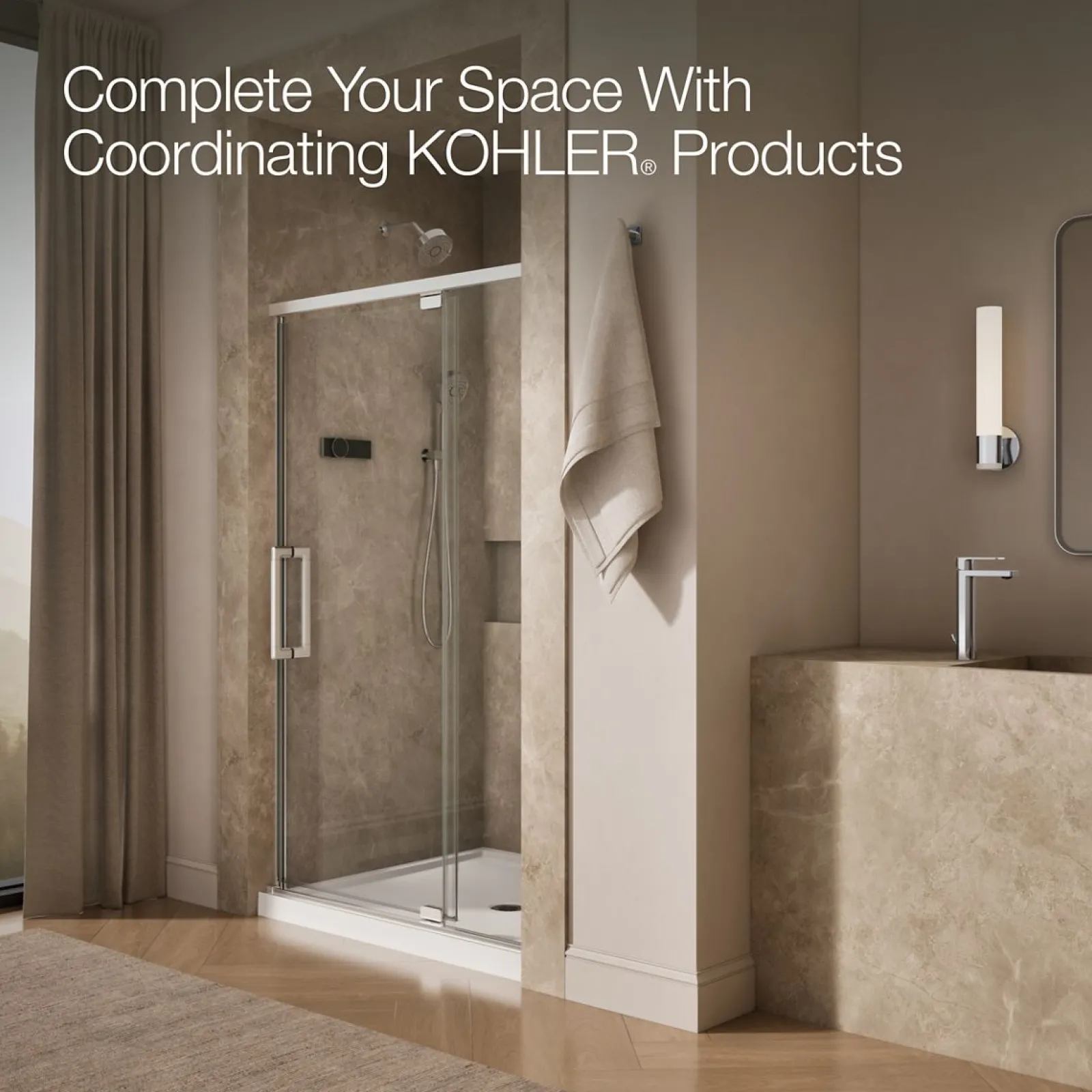 42"-48" W x 76" H pivot shower door with 5/16"-thick Crystal Clear glass^Kohler Best