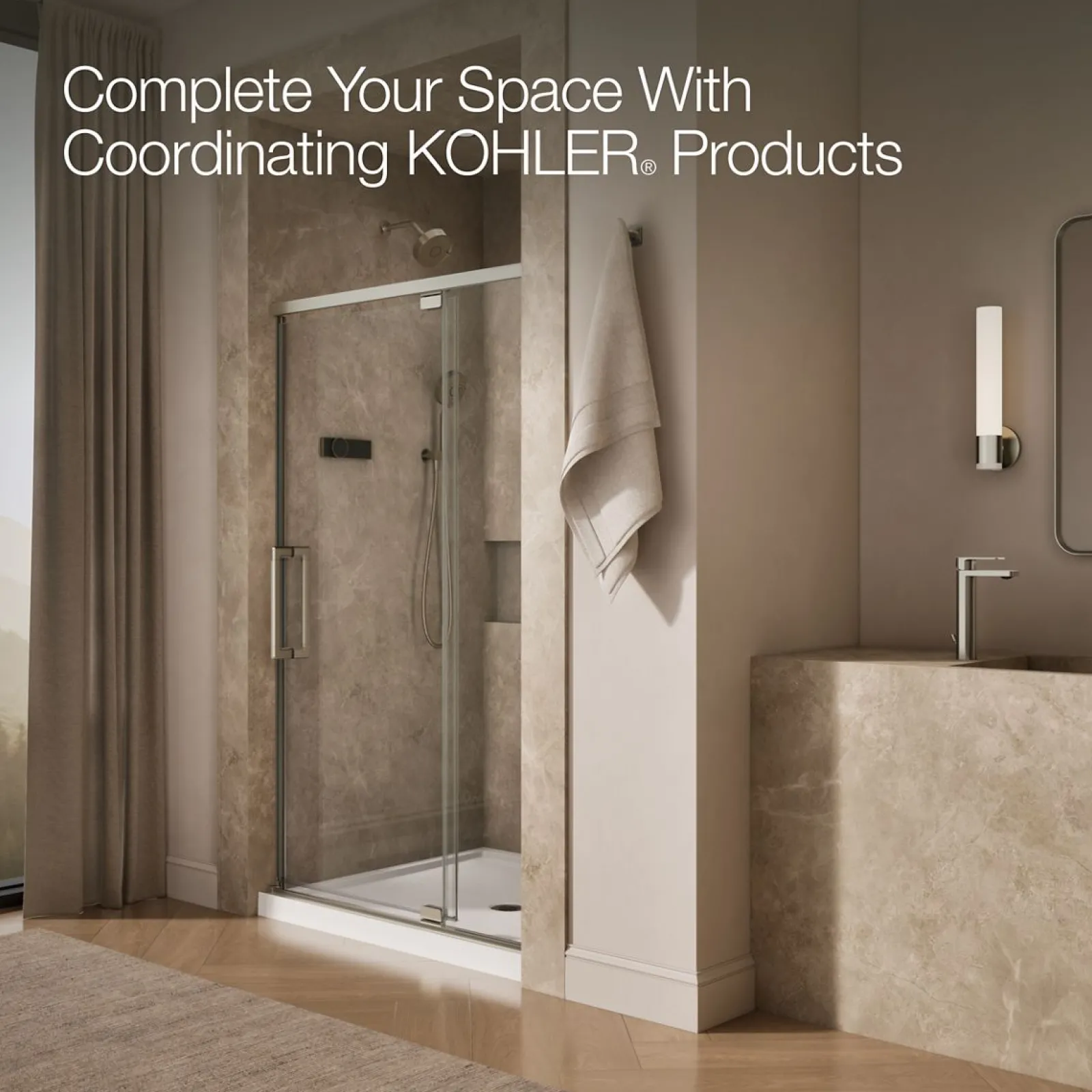 42"-48" W x 76" H pivot shower door with 5/16"-thick Crystal Clear glass^Kohler Best