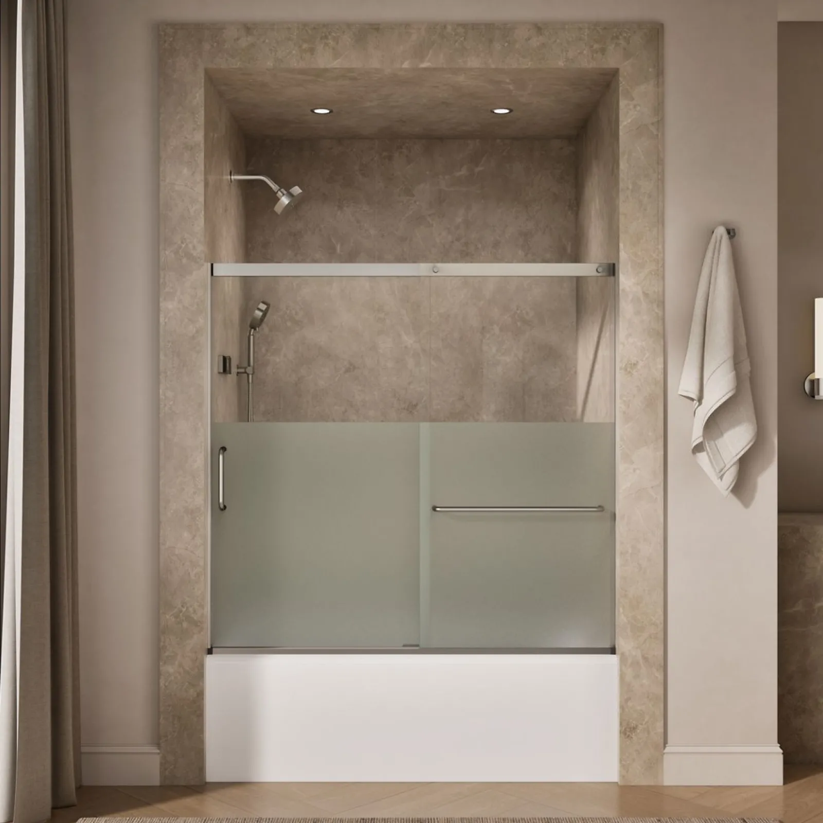 56-1/4"-59-5/8" W x 56-3/4" H sliding bath door with 5/16"-thick Crystal Clear glass^Kohler Sale