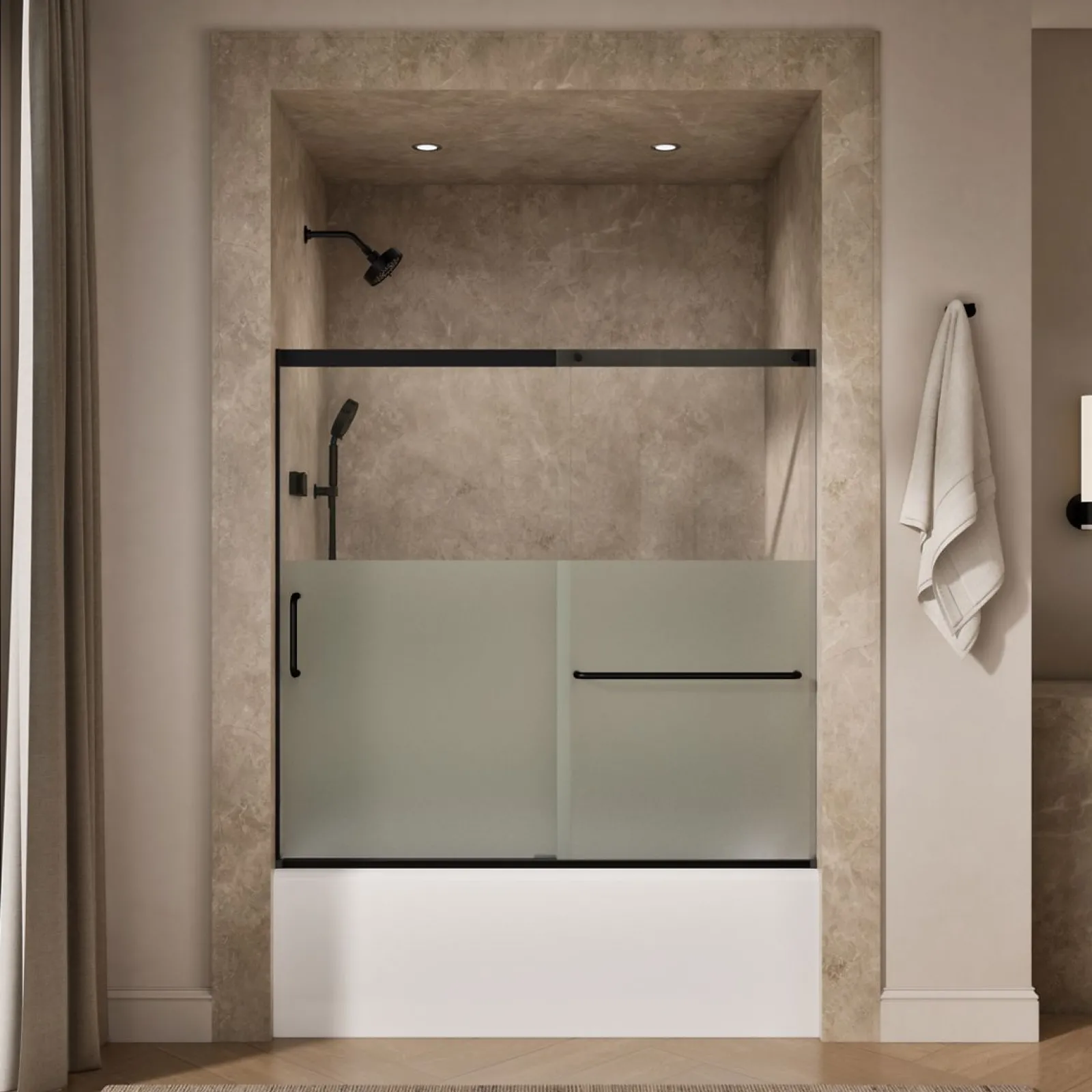 56-1/4"-59-5/8" W x 56-3/4" H sliding bath door with 5/16"-thick Crystal Clear glass^Kohler Sale