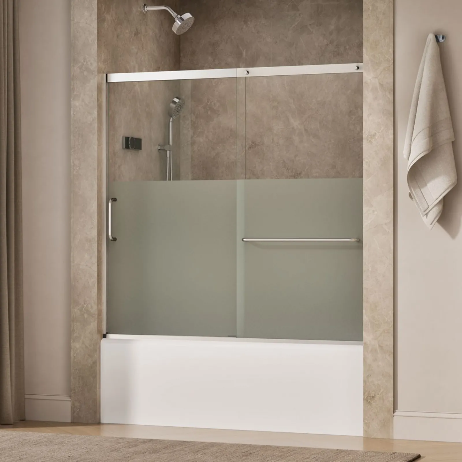 56-1/4"-59-5/8" W x 56-3/4" H sliding bath door with 5/16"-thick Crystal Clear glass^Kohler Sale