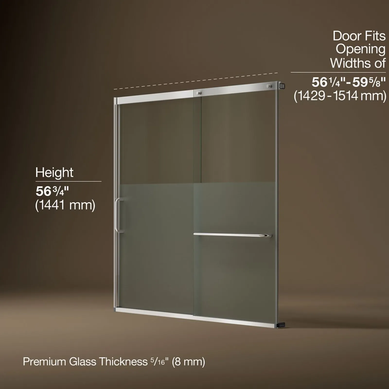 56-1/4"-59-5/8" W x 56-3/4" H sliding bath door with 5/16"-thick Crystal Clear glass^Kohler Sale