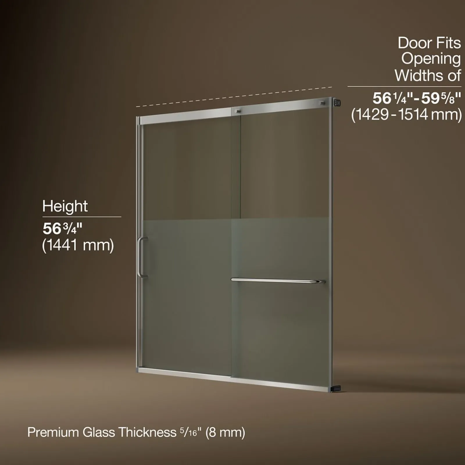 56-1/4"-59-5/8" W x 56-3/4" H sliding bath door with 5/16"-thick Crystal Clear glass^Kohler Sale