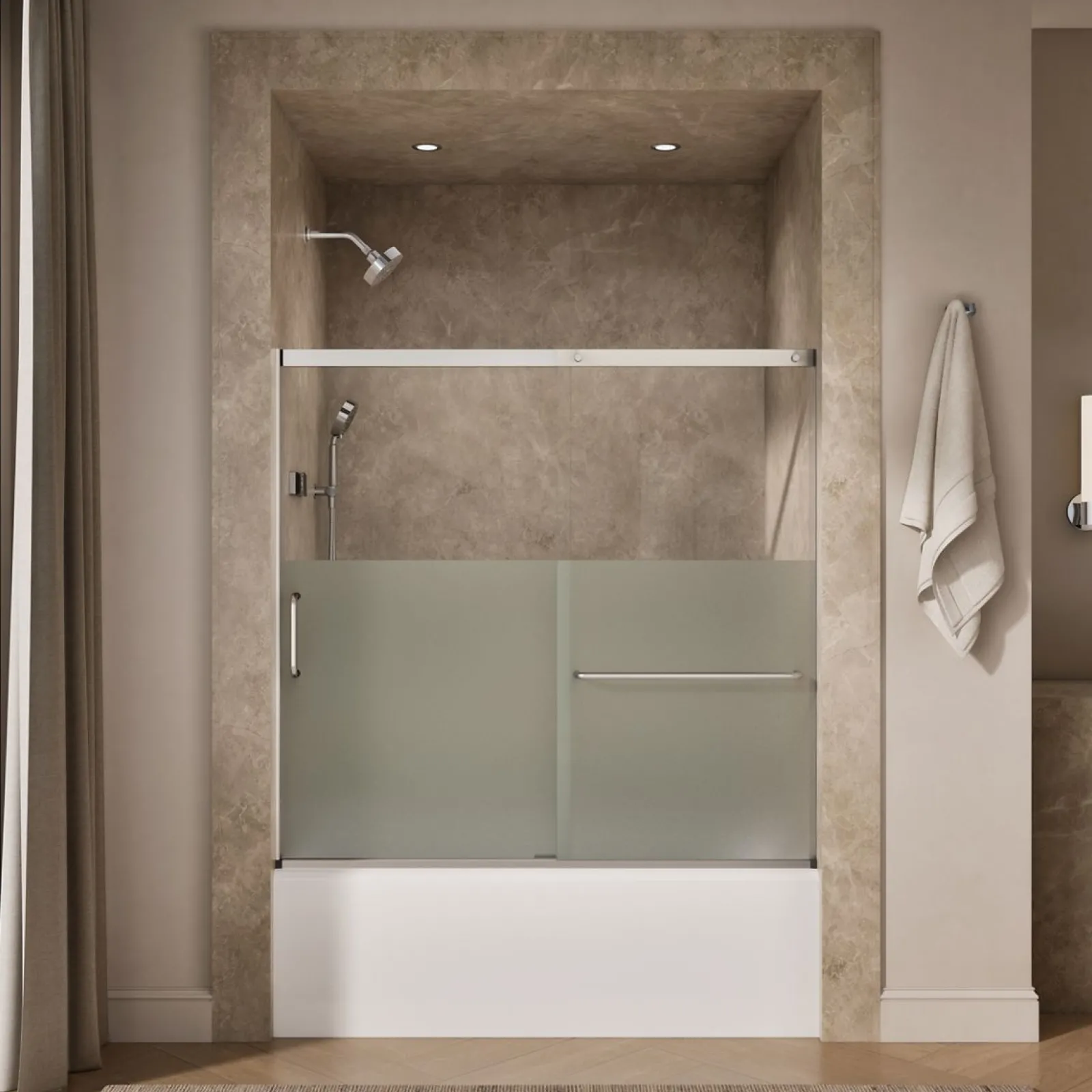 56-1/4"-59-5/8" W x 56-3/4" H sliding bath door with 5/16"-thick Crystal Clear glass^Kohler Sale