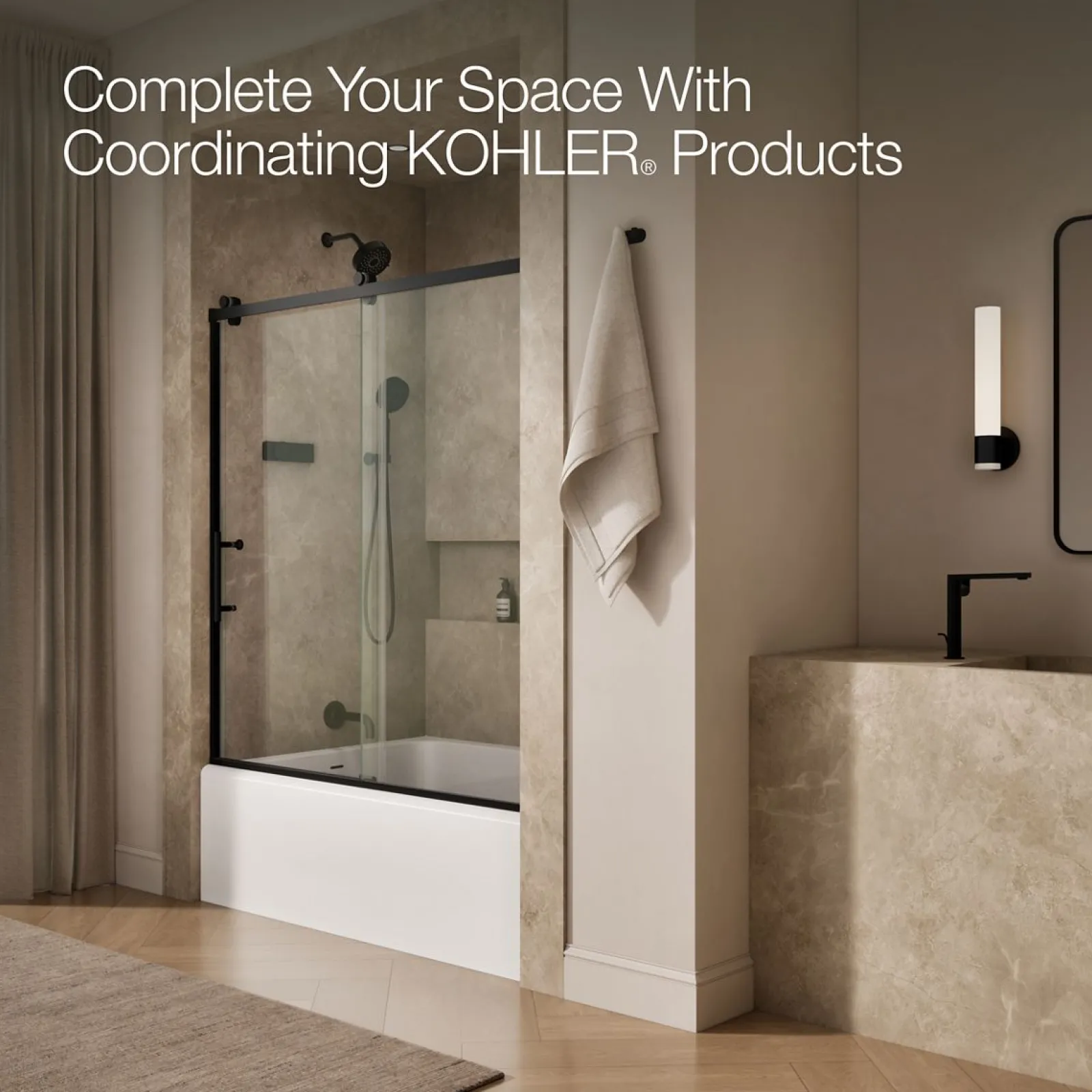56-5/8"-59-5/8" W x 62-1/2" H sliding bath door with 3/8"-thick Crystal Clear glass^Kohler Online